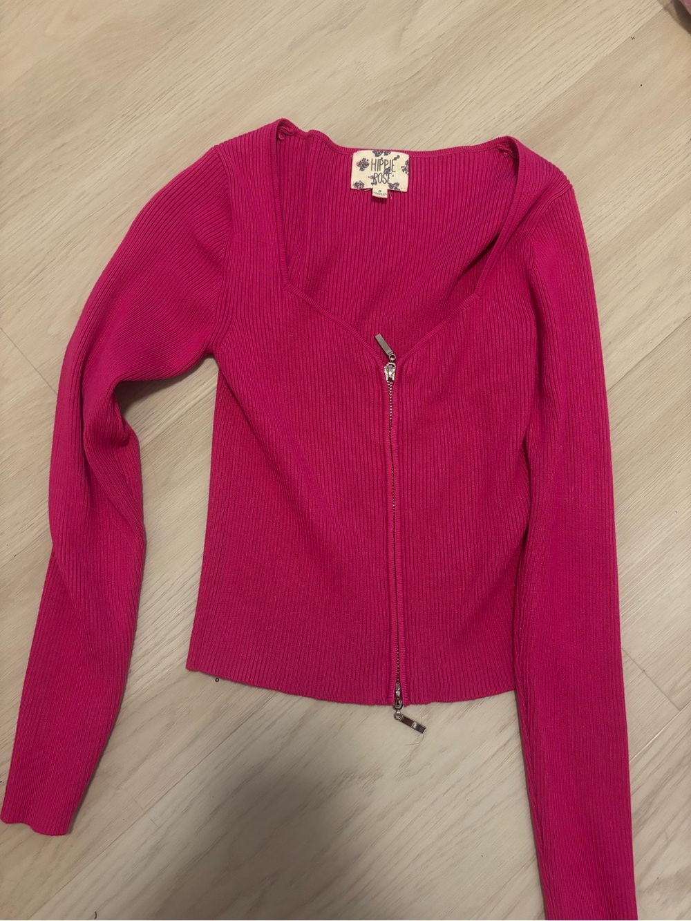 Hippie Rose Magenta Ribbed Zip-Front Long Sleeve Top